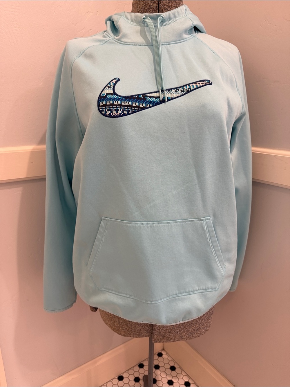 Nike Light Blue Aqua Hooded Pullover with Patterned Swoosh